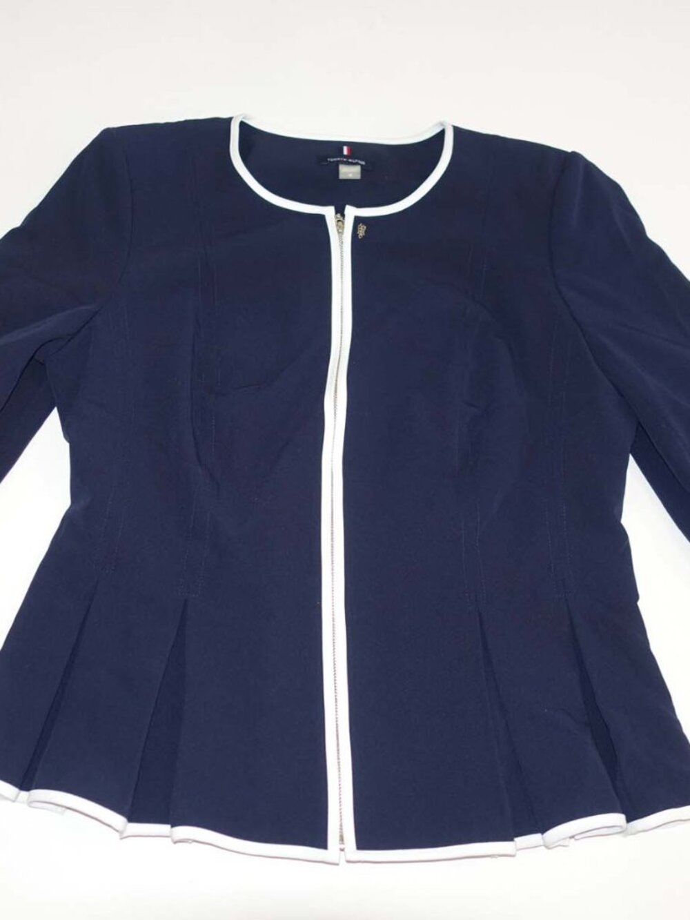 Tommy Hilfiger Womens Peplum Jacket Size 12 Navy Blue White Trim Zip Front Lined